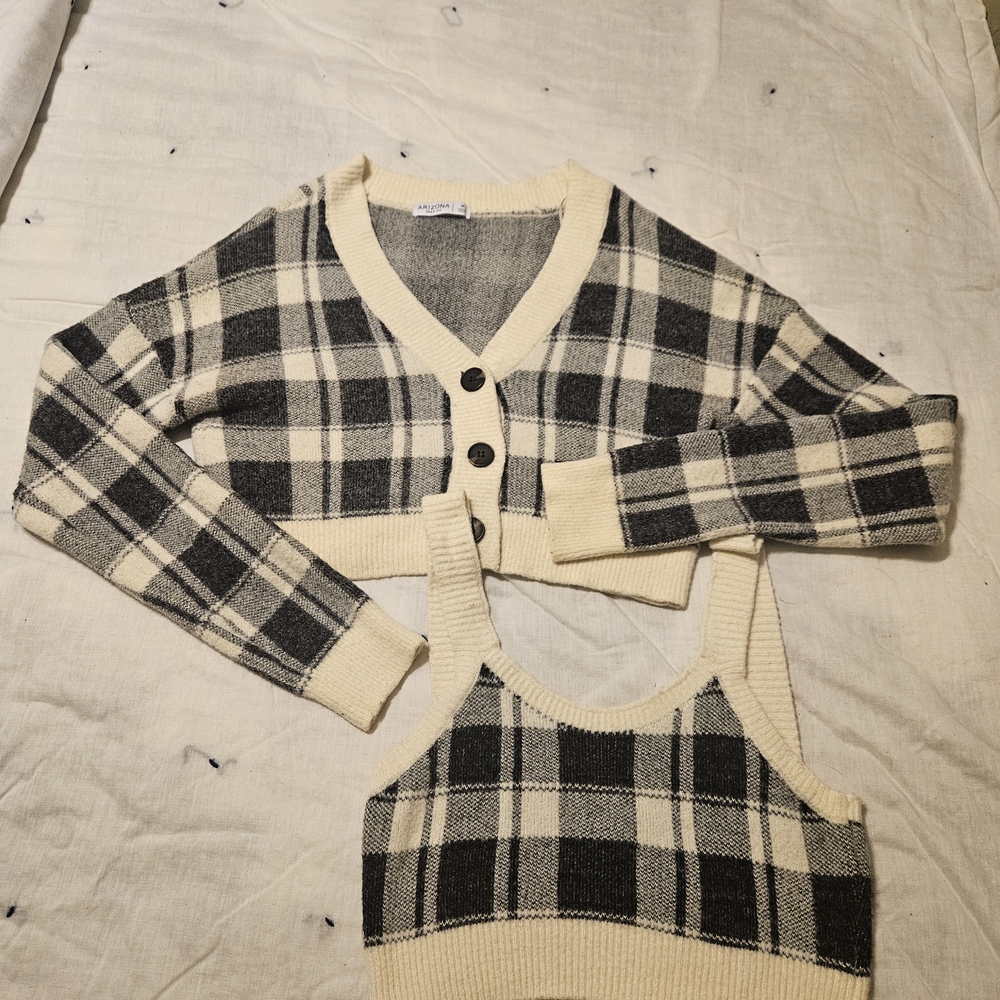 Arizona Jean Company Plaid Cardigan and Tank - Cream and Black
